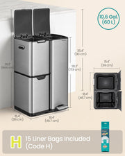 Dimensions diagram of the recycling bin, 46.7 x 39 x 71.9 cm, with 15 liner bags included