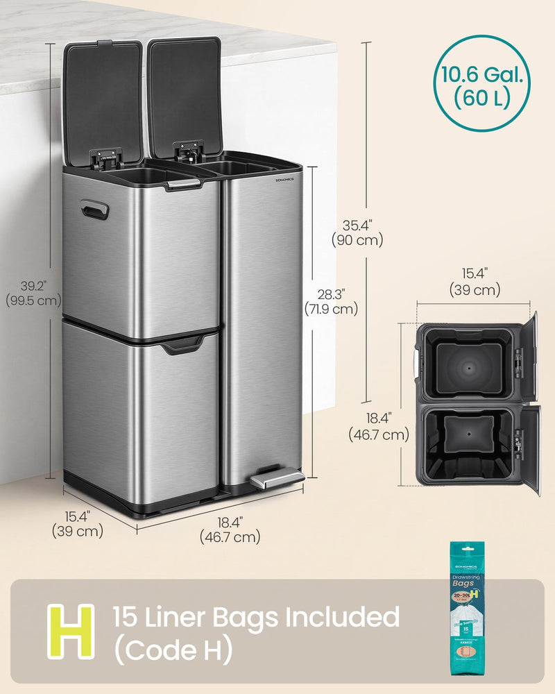 Dimensions diagram of the recycling bin, 46.7 x 39 x 71.9 cm, with 15 liner bags included