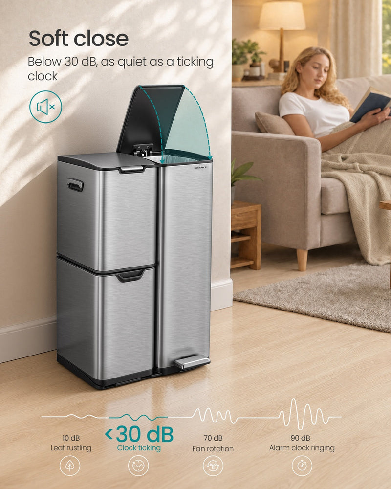 Silver recycling bin in a living room with the soft close lid shown at under 30 decibels