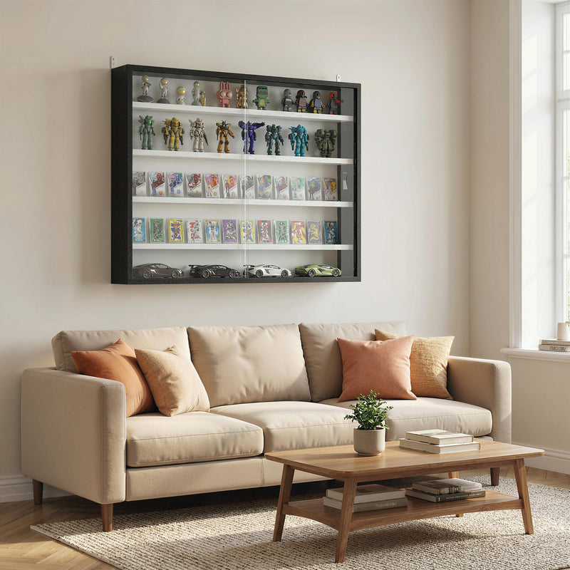 Wall Display Cabinet with Adjustable Shelves and Sliding Glass Doors for Ornaments Black AOSOM