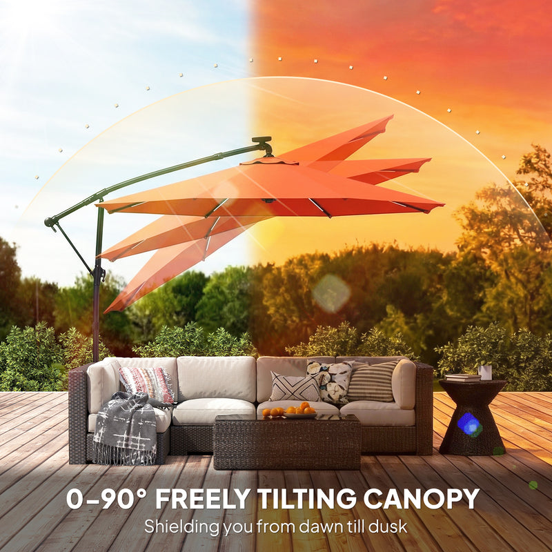 3m Cantilever Parasol Umbrella with Lights and Adjustable Shade For Patio or Garden, Orange
