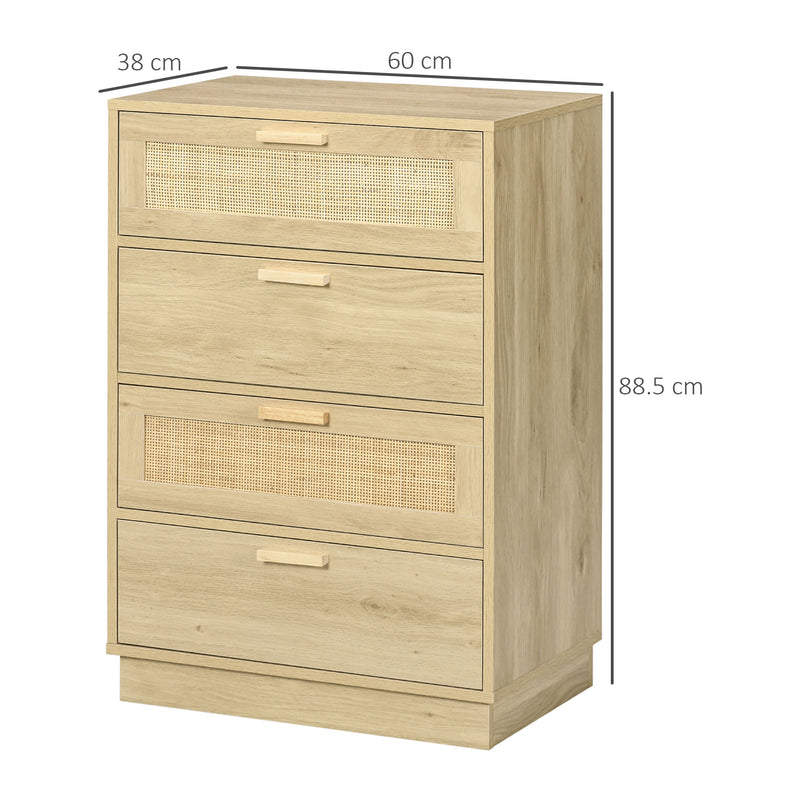Wood Effect Chest of 4 Drawers with Rattan Weave Panels for Bedroom Storage by Homcom