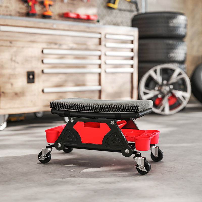 Mechanic Roller Seat with Tool Storage and Cushioned Support for Garage Work Black
