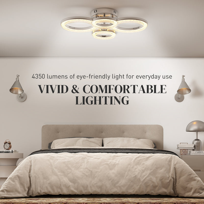 Modern LED Ceiling Light with 4 Ring Design and Adjustable Colour for Living Room Silver Tone AOSOM