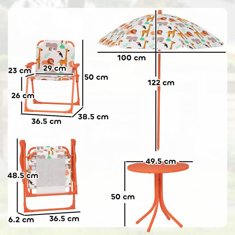 Kids Outdoor Picnic Table Set with Umbrella and 2 Folding Chairs for Garden Use Orange AOSOM