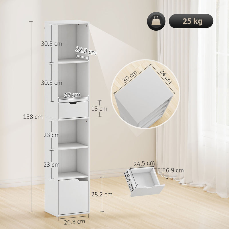Tall 6 Tier Narrow Bookcase With Drawer and Storage Cabinet for Home Office White AOSOM