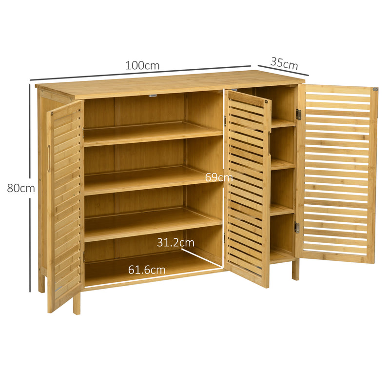 Bamboo 3 Door Shoe Storage Cabinet With 8 Shelves For Organised Hallway Storage, Natural Wood Finish, Holds 16 Pairs, UK Size 11