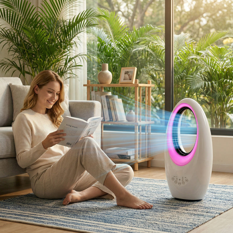 Bladeless Tower Fan for Quiet Safe Cooling with Remote and LED Lights, White