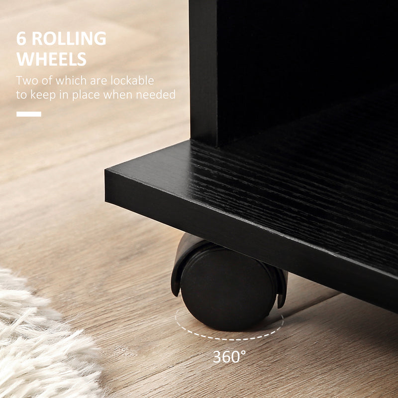 Black Double Open Wardrobe With 6 Wheels And Shelves For Mobile Bedroom Storage