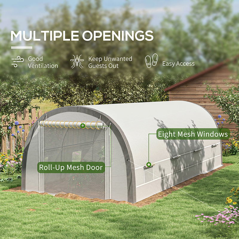 Large Polytunnel Greenhouse With Mesh Door Ventilation and Plant Labels, White