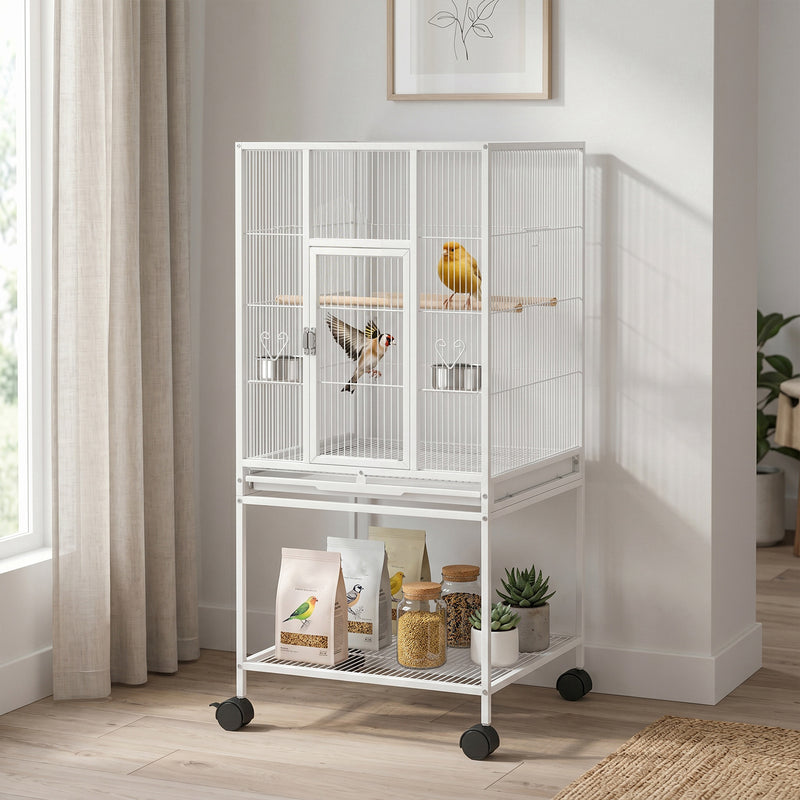 Mobile Bird Cage With Stand and Storage Shelf for Easy Cleaning and Moving White