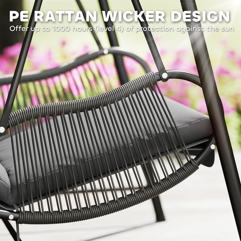 Dark Grey Rattan Hanging Swing Chair With Stand and Cushion for Garden and Balcony by Outsunny