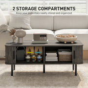 Rectangular Coffee Table With Storage And Sliding Slatted Doors For Living Room, Grey