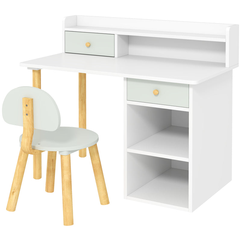 Kids Study Desk and Chair Set with Hutch Storage Shelves and Drawer for Home Learning Green