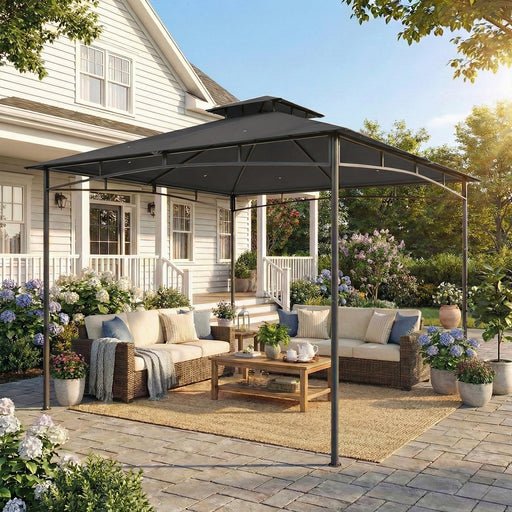 3x3m Metal Garden Gazebo with Weatherproof Canopy for Outdoor Dining and Gatherings, Dark Grey Outsunny