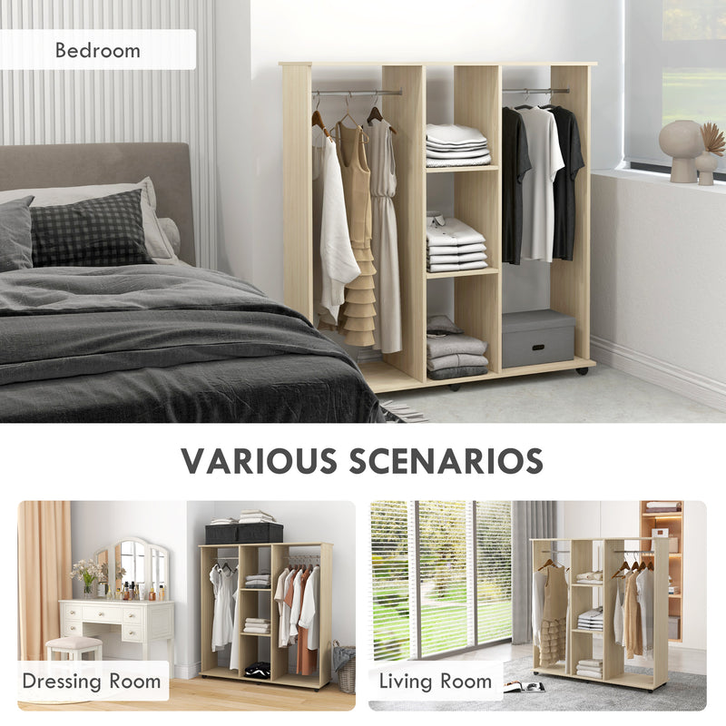 Open Wardrobe with Rails and Shelves for Easy Bedroom Storage on Wheels Natural Wood Finish