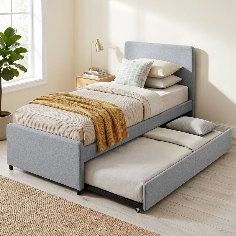 Pull Out Guest Bed Frame with Trundle for Small Spaces Upholstered Backrest