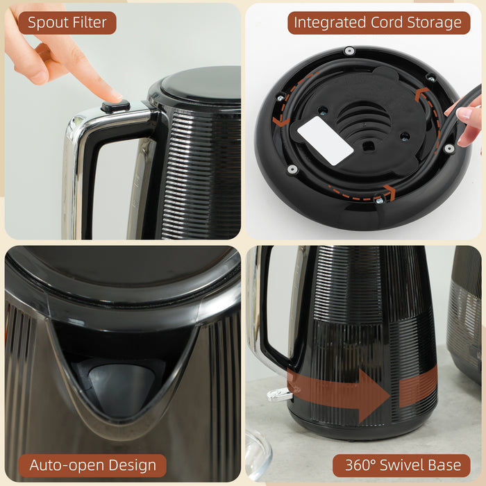 Black 1.7L 3000W Fast Boil Cordless Kettle and 2 Slice Toaster Set With 7 Browning Levels by HOMCOM