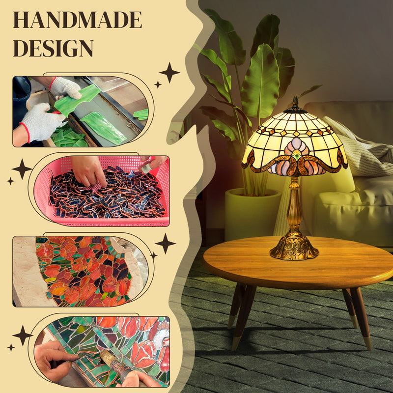 Handmade Stained Glass Table Lamp for Bedroom or Living Room with Antique Design, Purple