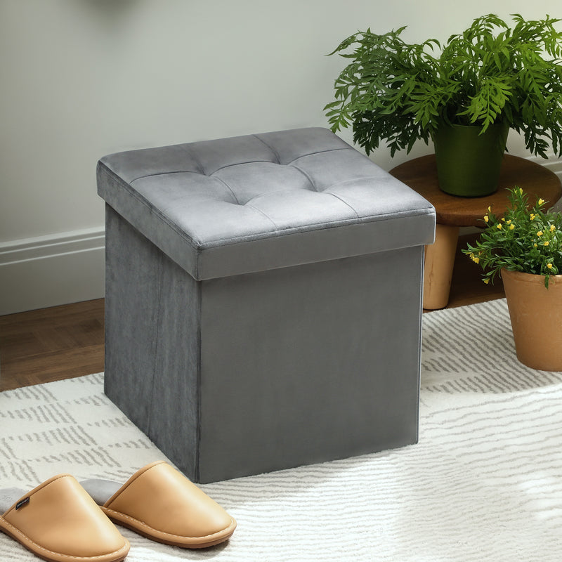 Foldable Velvet Feel Storage Ottoman With Padded Seat And Hidden Compartment Grey