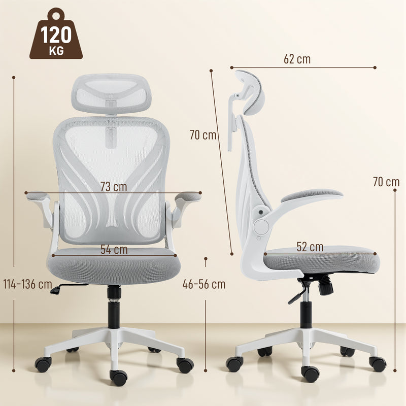 Ergonomic Office Chair With Adjustable Headrest And Foldable Backrest For Home Work Light Grey AOSOM