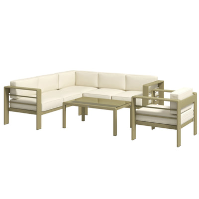 Gold Metal Garden Sofa Set 6 Seater Modular Design With Cushions And Glass Top Coffee Table Outsunny