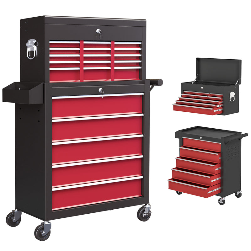 14 Drawer Rolling Tool Chest with Top Box for Garage Storage and Organisation Red