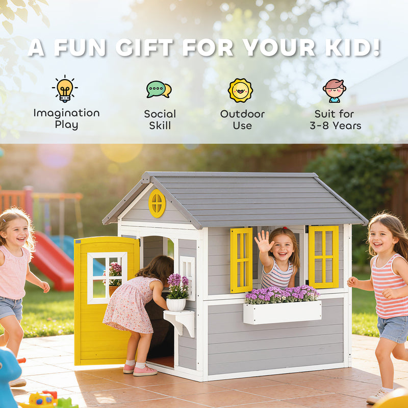 Wooden Outdoor Playhouse for Children with Planter Boxes and Weatherproof Shelter Grey Yellow White Outsunny