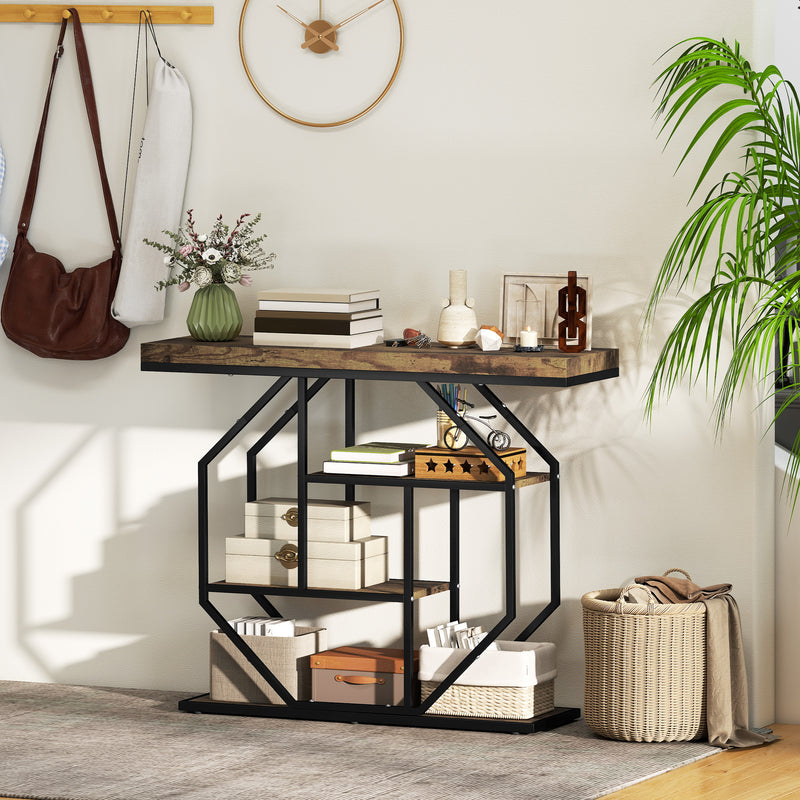 4 Tier Industrial Console Table With Storage Shelves For Hallway Or Living Room Rustic Brown AOSOM