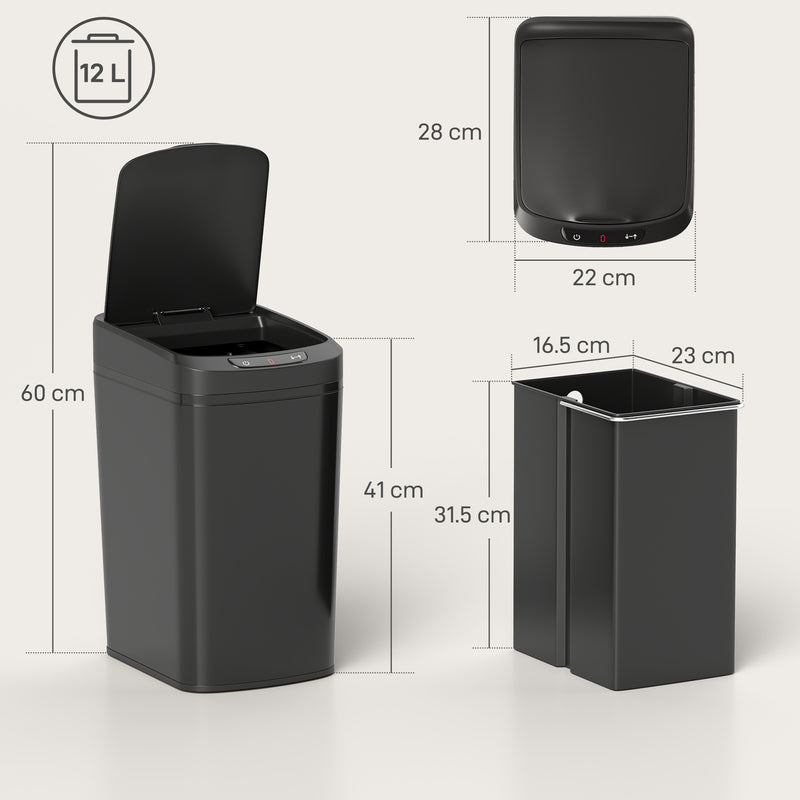 12L Motion Sensor Kitchen Bin with Touchless Opening and Steel Body, Black AOSOM