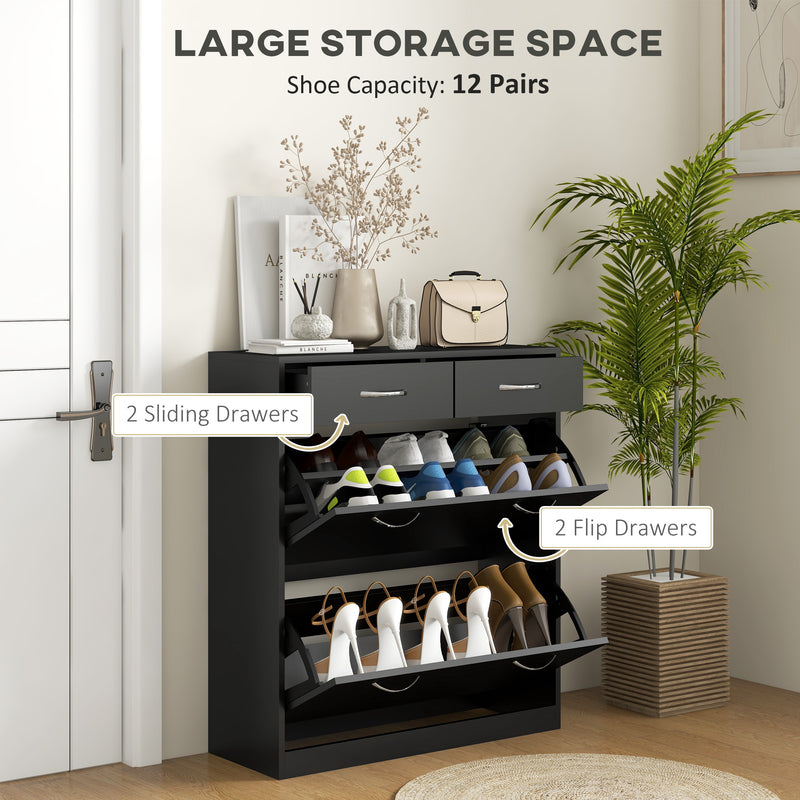 Narrow Black Shoe Cabinet with 2 Flip Drawers and Adjustable Shelves for 12 Pairs by HOMCOM