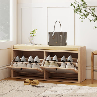 Shoe Storage Bench with Hidden Cabinets and Padded Seat for Hallway Organisation Oak Beige Homcom