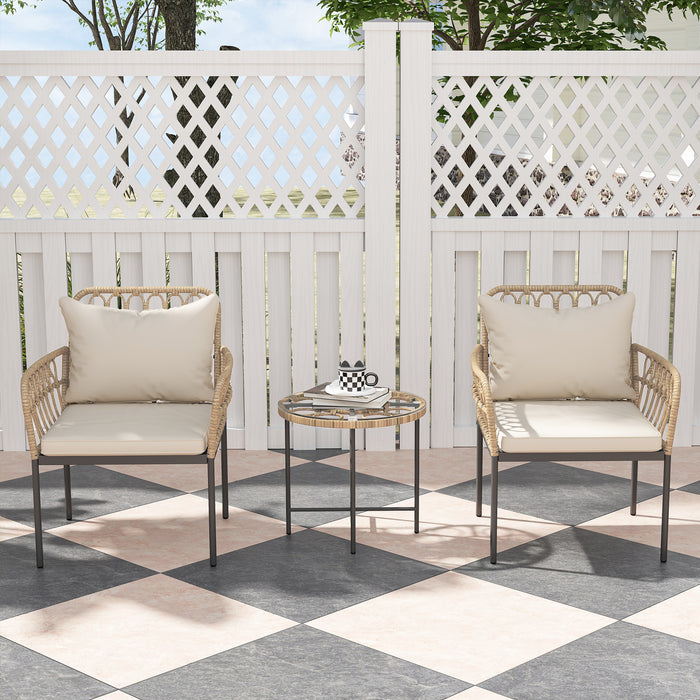 Beige 3 Piece Rattan Bistro Set with Cushions and Glass Top Table for Garden or Balcony by Outsunny