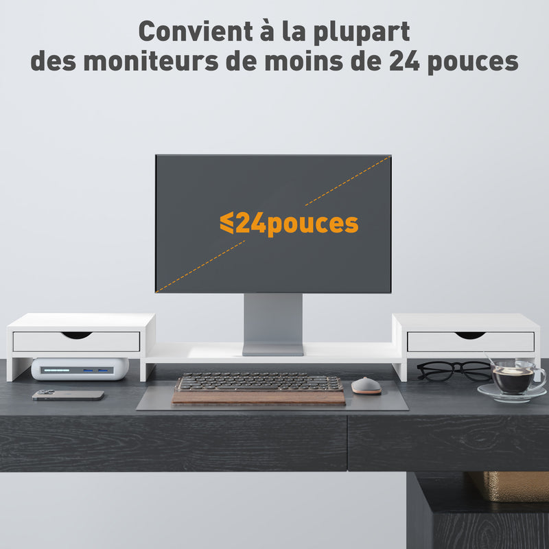 White Dual Monitor Stand Riser with Adjustable Length and Storage Drawers by HOMCOM AOSOM
