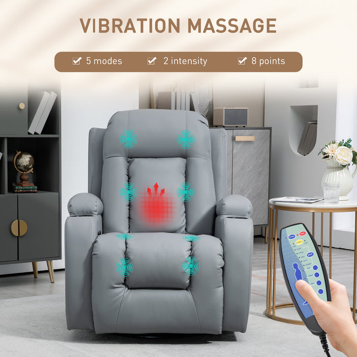Light Grey Electric Massaging Recliner Chair with Heat Vibration Cup Holders and 360Â° Swivel by HOMCOM