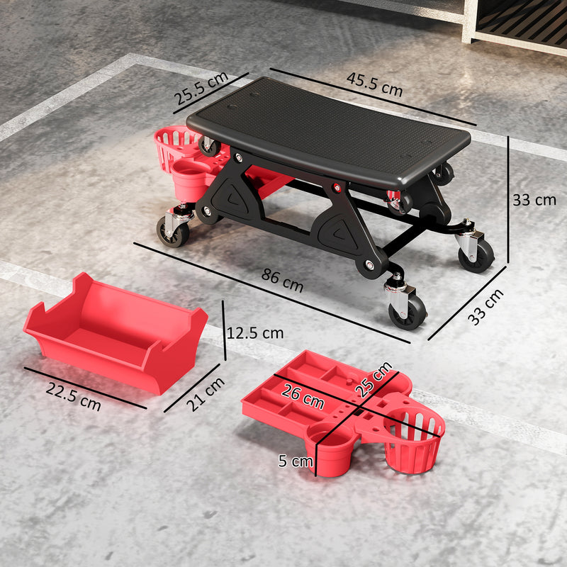 Mechanic Roller Seat with Tool Storage and Swivel Wheels for Garage or Workshop Red AOSOM