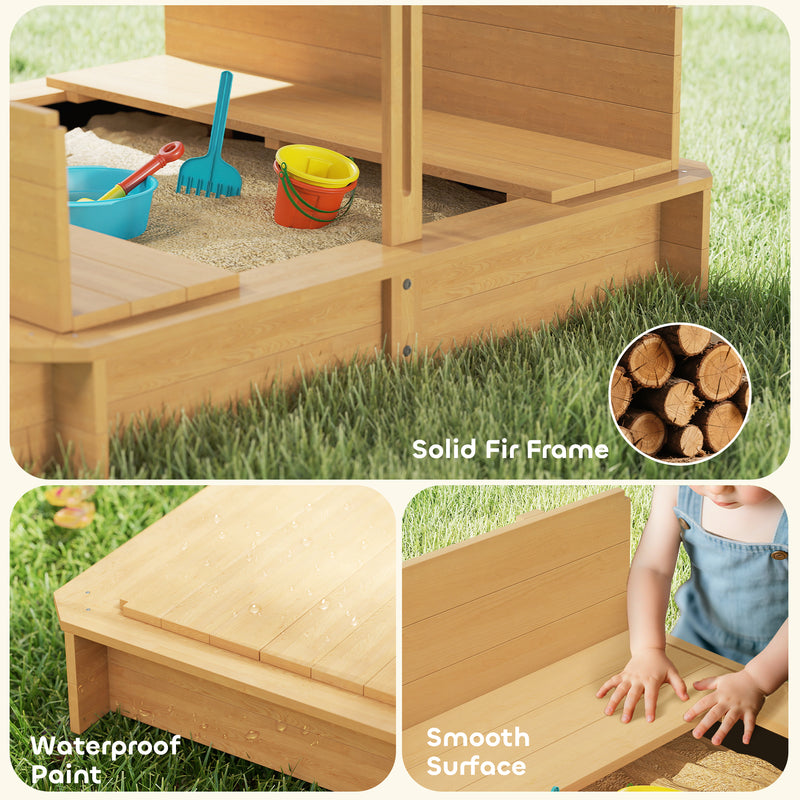 Wooden Kids Sandpit With Seating for Outdoor Garden Playtime Fun Square Design Natural