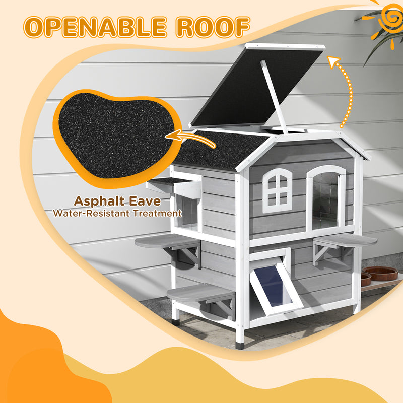 2 Storey Wooden Outdoor Cat House With Escape Door And Roof Access, Grey