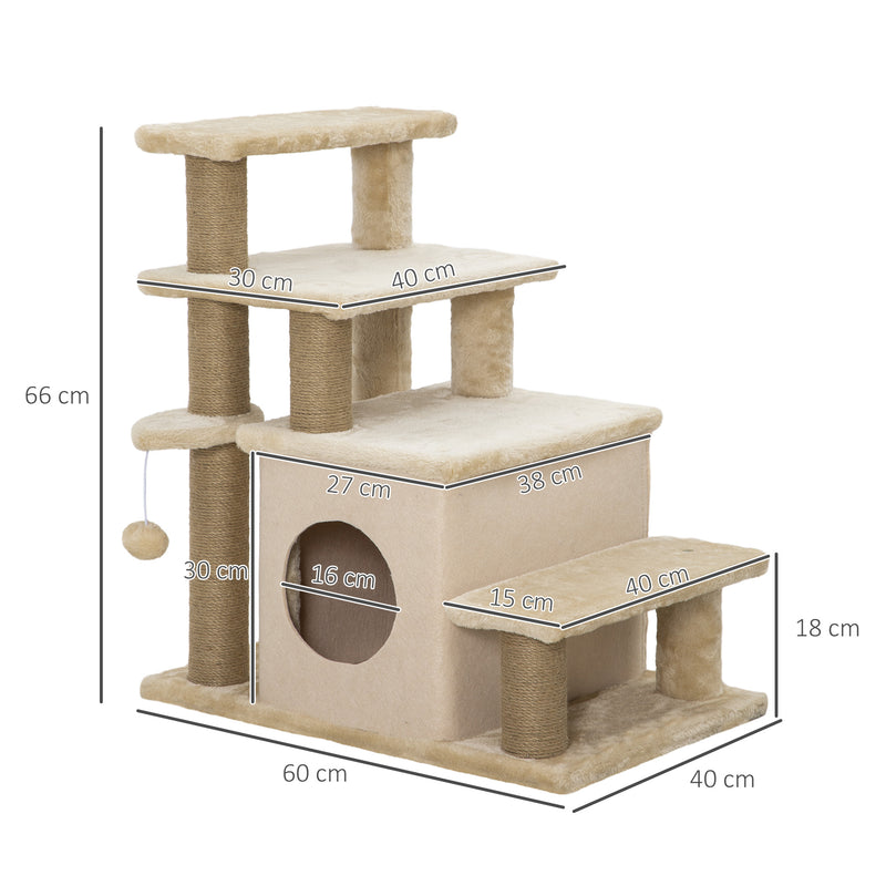 Beige Adjustable Cat Steps with House and Hanging Toy for Indoor Play by PawHut