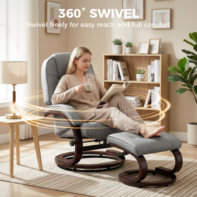 Recliner Chair and Footstool for Full Body Relaxation with Swivel Base Grey Homcom