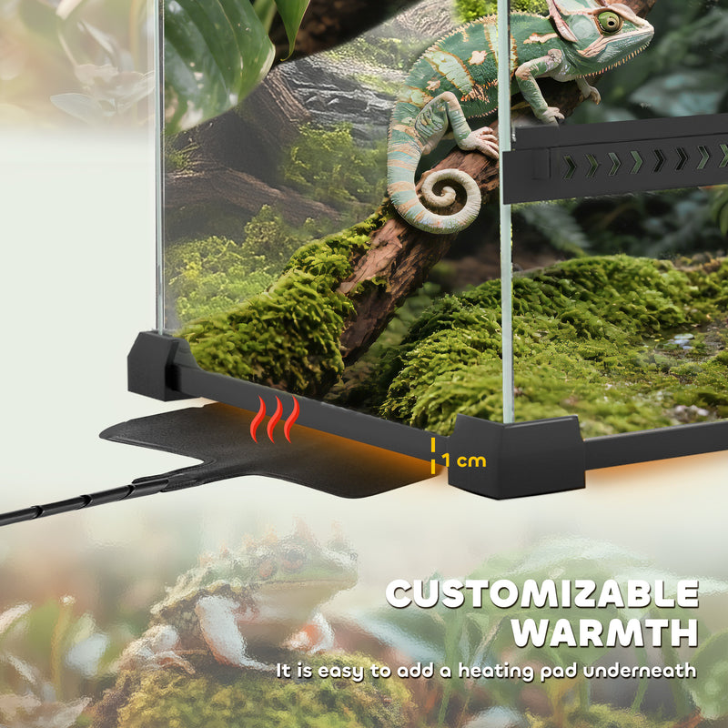 Reptile Glass Terrarium with Lock Front Ventilation and Stone Background 30cm Black