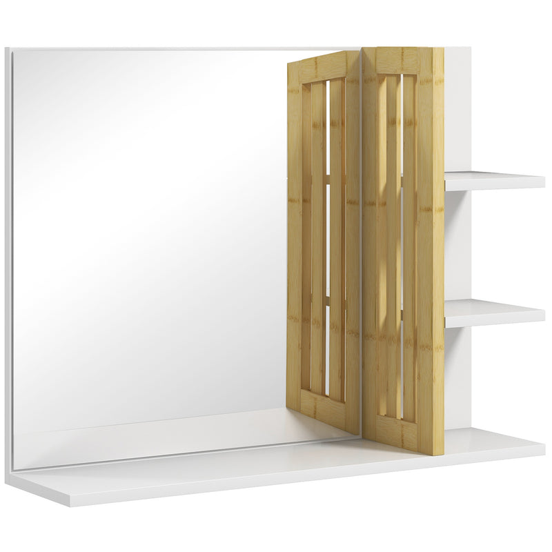 White Bathroom Mirror With Bamboo Frame And Storage Shelves For Modern Interiors