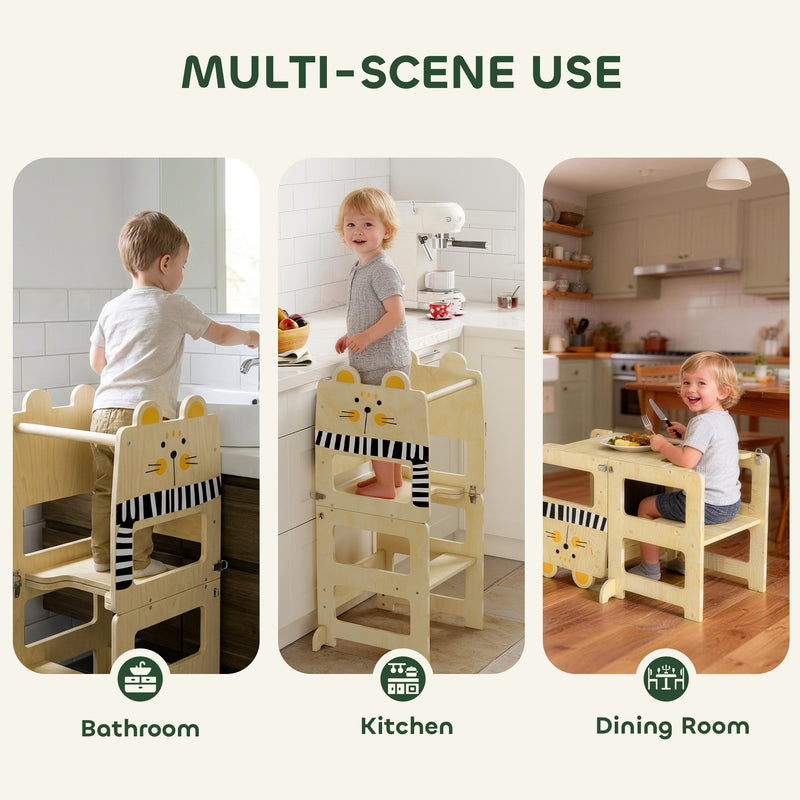 3 in 1 Toddler Step Stool With Chalkboard For Kitchen Learning And Playtime Fun Natural AOSOM