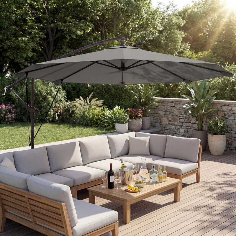 3m Cantilever Garden Parasol with Large Canopy for Shaded Outdoor Seating, Light Grey