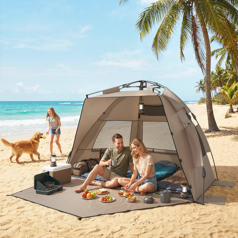 Pop Up Beach Tent for Quick Sun Shelter with Mesh Windows and Carry Bag Brown Outsunny