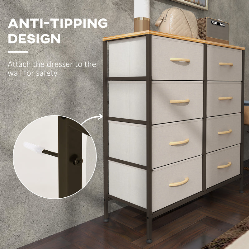 Cream White 8 Drawer Fabric Chest of Drawers with Wooden Top for Bedroom and Nursery by HOMCOM