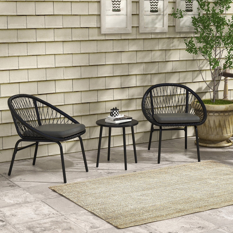Black 3 Piece Rattan Bistro Set With Cushions For Balcony Or Small Garden Spaces