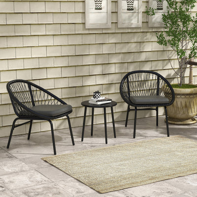 Black 3 Piece Rattan Bistro Set With Cushions For Balcony Or Small Garden Spaces