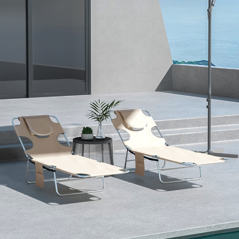 Set of 2 Foldable Sun Loungers with Reading Hole and Adjustable Backrest for Garden Beige AOSOM