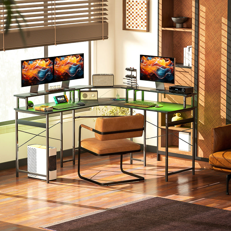 Black L Shaped Work Desk with LED Lights for Home Office by HOMCOM